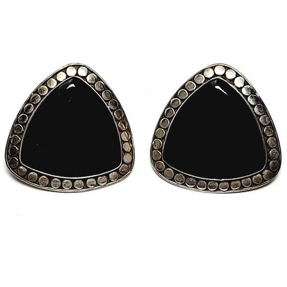 925k Sterling Silver Black Onyx Artisan Pounded Triangle Stud 18 Grams VTG EUC! - Picture 2 of 12